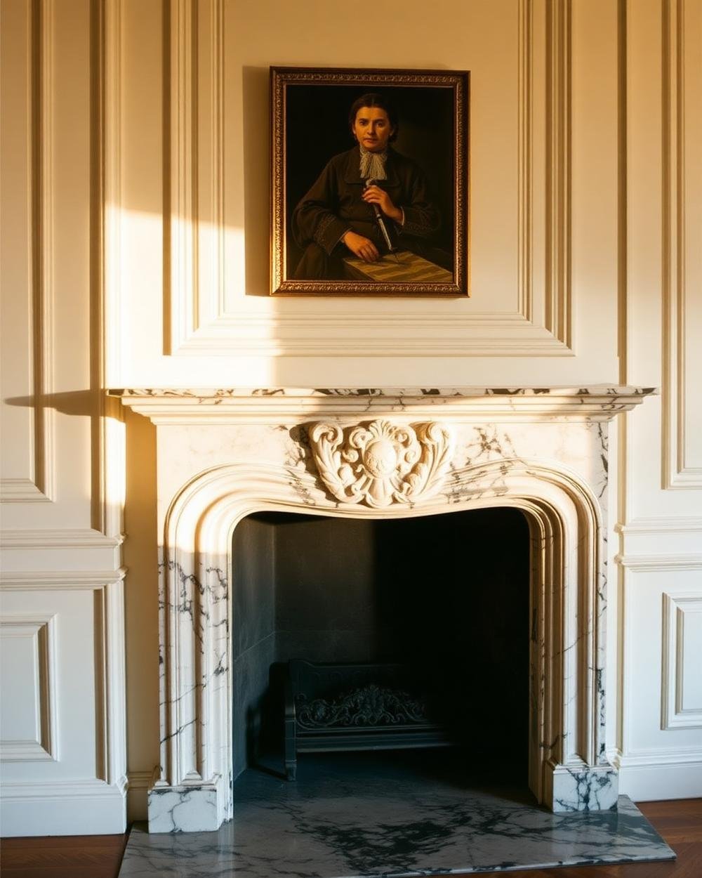 Detalle de hogar de mármol en un edificio clásico de Buenos Aires